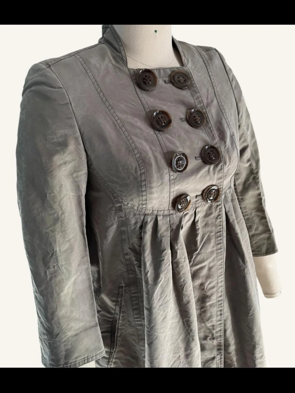 Burberry Taupe Silk Pleated Double-Breasted Trench Coat - Picture 2 of 8